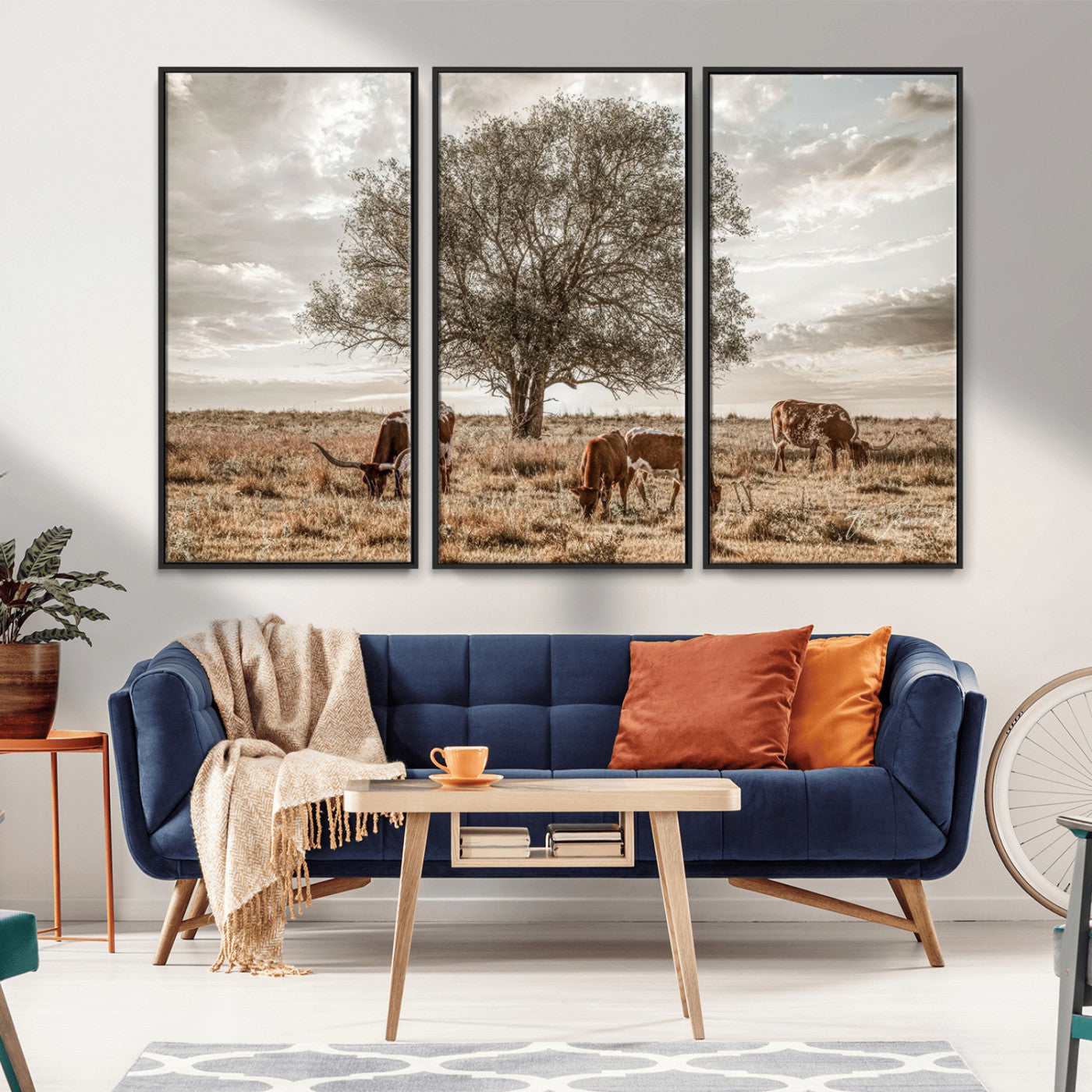 Texas Longhorn Cattle Wall Art Canvas Print – Rustic Western Ranch Scene with Steers at Sunset, Perfect for Farmhouse or Cowboy Decor