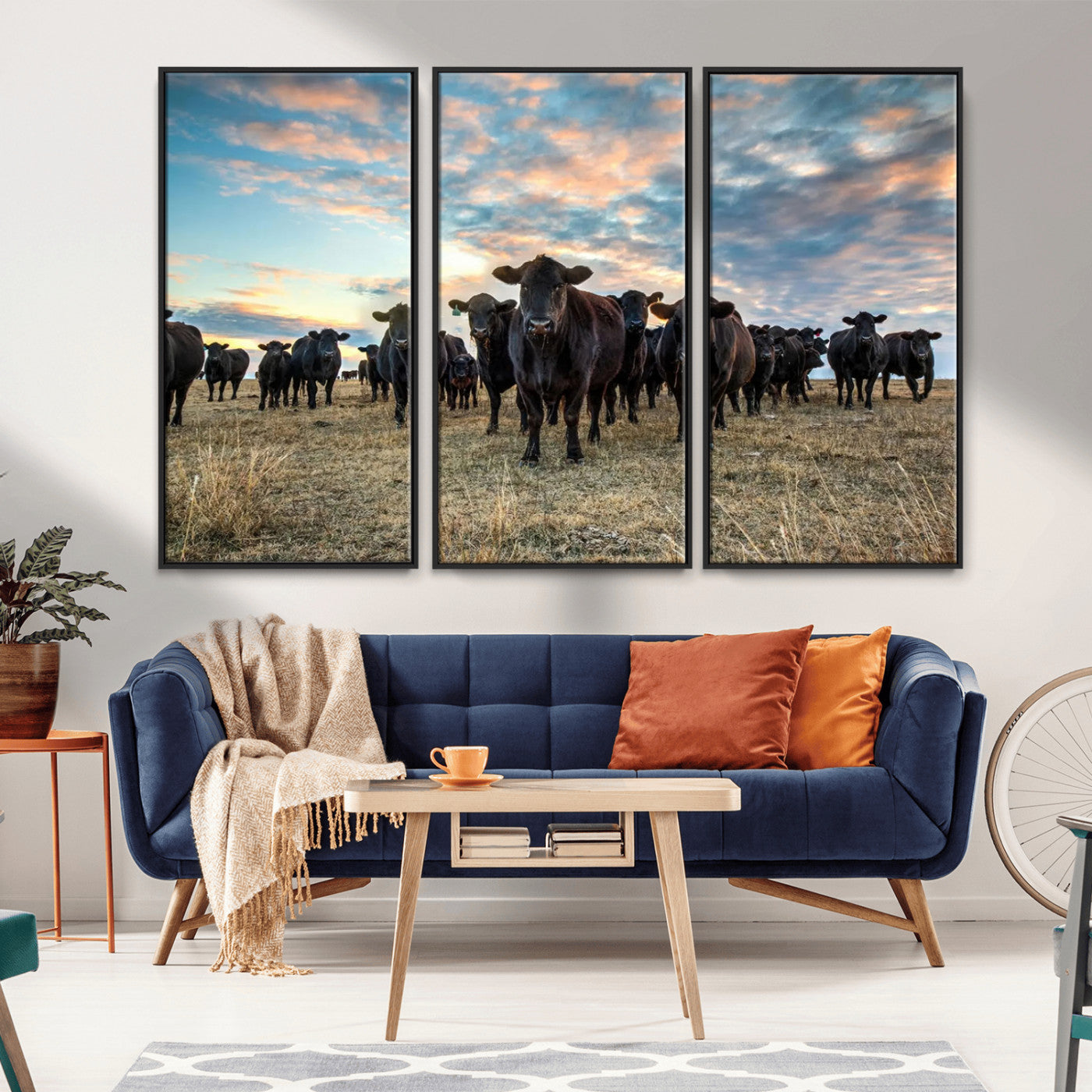 13867292-MGV-FC-60X40-3P_Black-Texas Longhorn Cattle Wall Art Canvas Print – Rustic Western Ranch Scene with Steers at Sunset, Perfect for Farmhouse or Cowboy Decor
