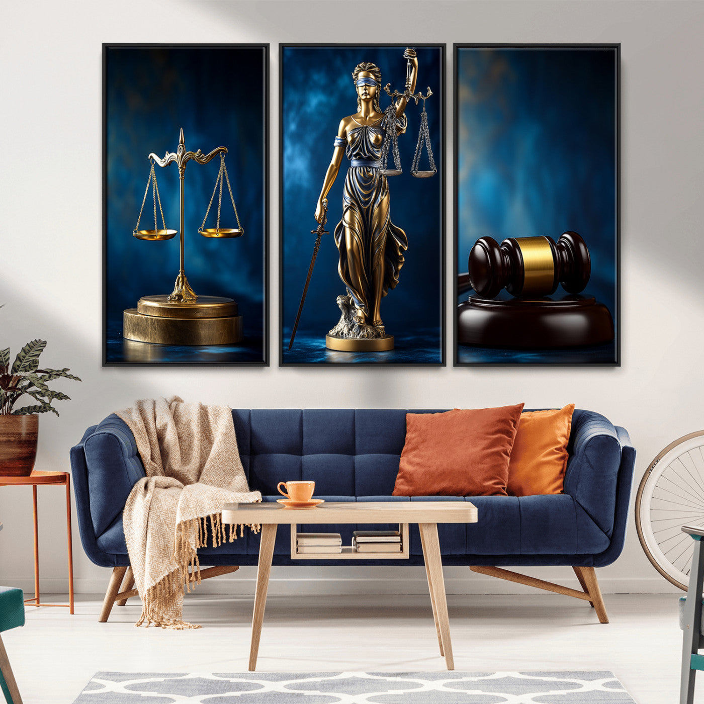 MGV-FC-48X32-3P - Lady Justice Wall Art Canvas Print – Elegant Gold Legal Symbols on Blue Background, Perfect for Law