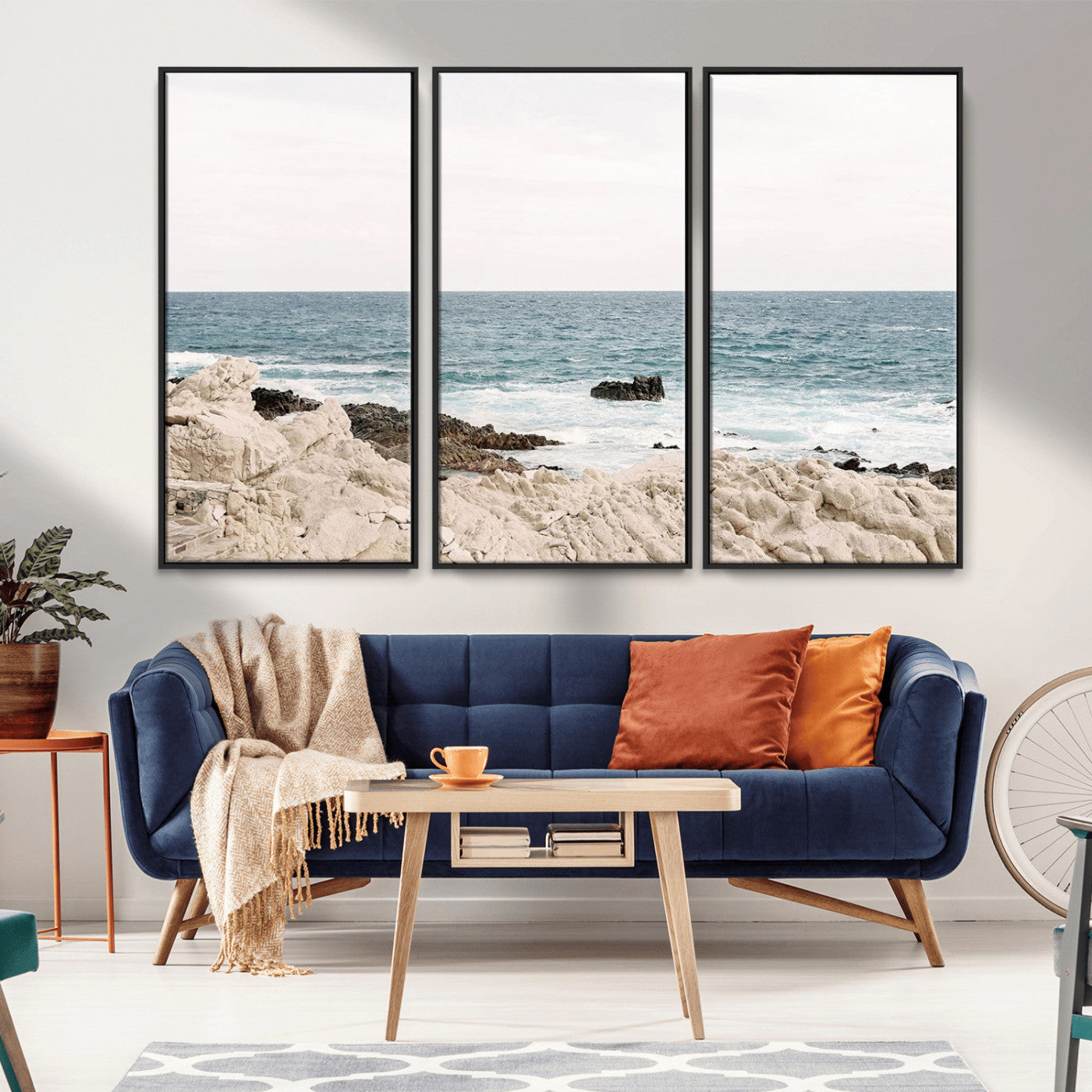 Coastal Ocean View Wall Art Canvas Print – Serene Rocky Shoreline and Blue Sea Photography for Coastal Chic or Minimalist Home Decor
