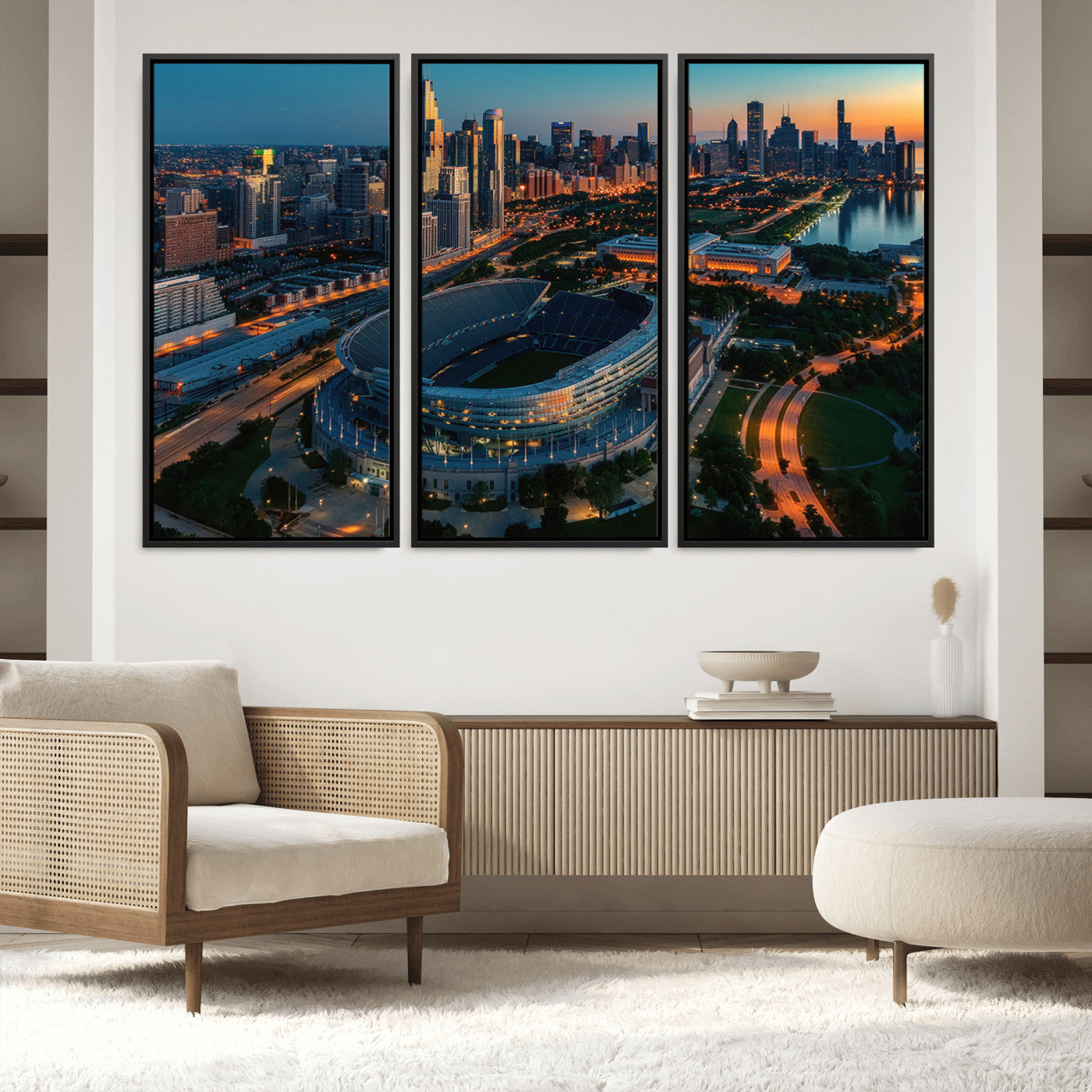 36690345-MGV-FC-48X32-3P_Black-Chicago Bears Soldiers Field Wall Art Canvas Print – Framed Football Stadium Artwork for Sports Fans, Soldier Field Skyline Canvas Decor for Game Room or Man Cave