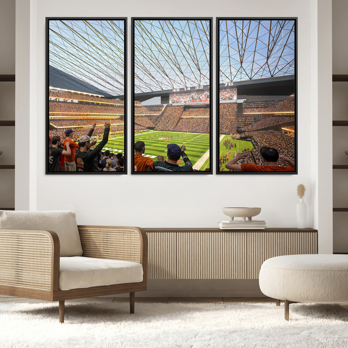 81960112-MGV-FC-60X40-3P_Black-Cleveland Browns Stadium Wall Art Canvas Print – Framed Football Artwork Featuring Cleveland Skyline and Browns Stadium, Perfect for Man Cave or Game Room Decor