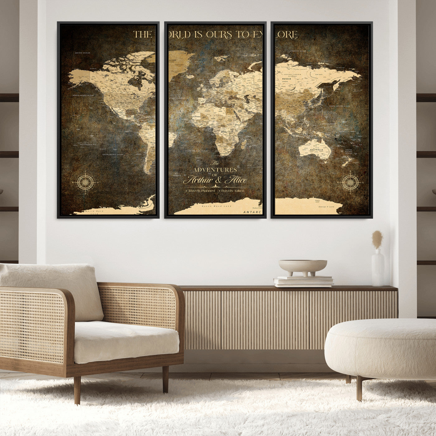 76675404-MGV-FC-60X40-3P_Black-Framed Push Pin World Travel Map – Canvas Wall Art for Tracking Adventures, Decorative Vintage Style Map with Pins for Home or Office - H1