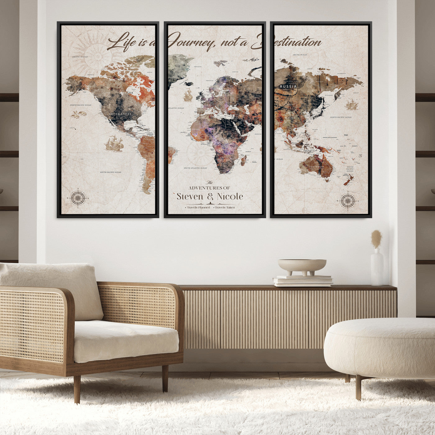 96000140-MGV-FC-48X32-3P_Black-Canvas Travel Map with Pins – Framed Wall Art to Track Countries and Cities, Beautiful World Map in Rustic Old Style for Decoration - H14