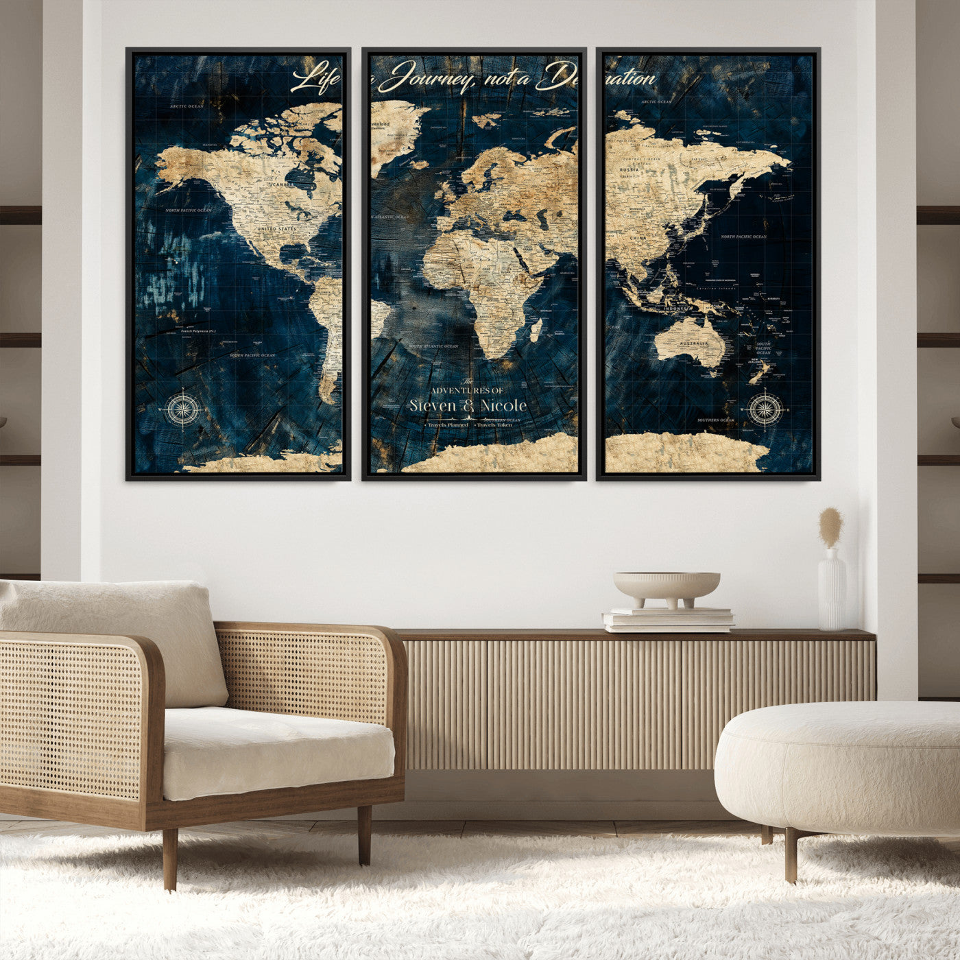 23551206-MGV-FC-48X32-3P_Black-Old Style World Map with Push Pins – Framed Canvas Print for Wall, Track Past and Future Adventures in a Decorative Way - H15