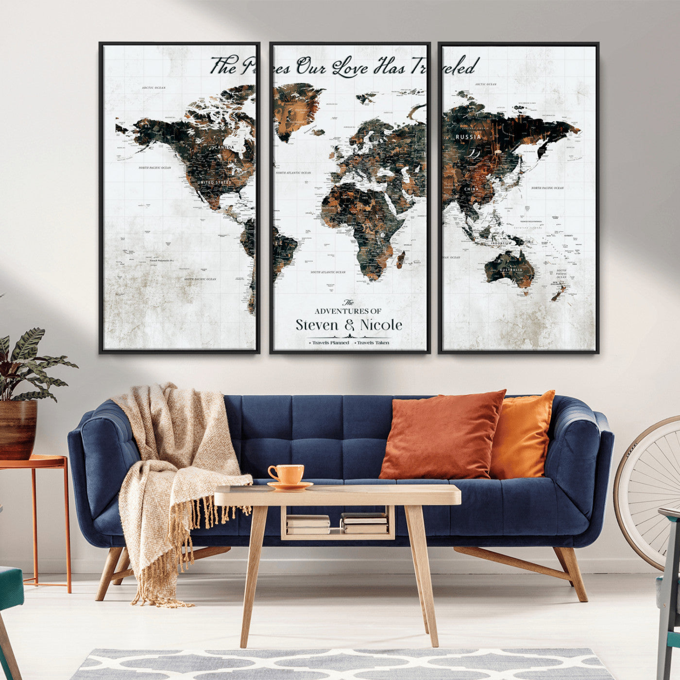 89231588-MGV-FC-60X40-3P_Black-World Travel Map with Pins – Framed Canvas Print to Track Adventures and Create a Visual Travel Journal, Ideal Wall Art for Home - H17