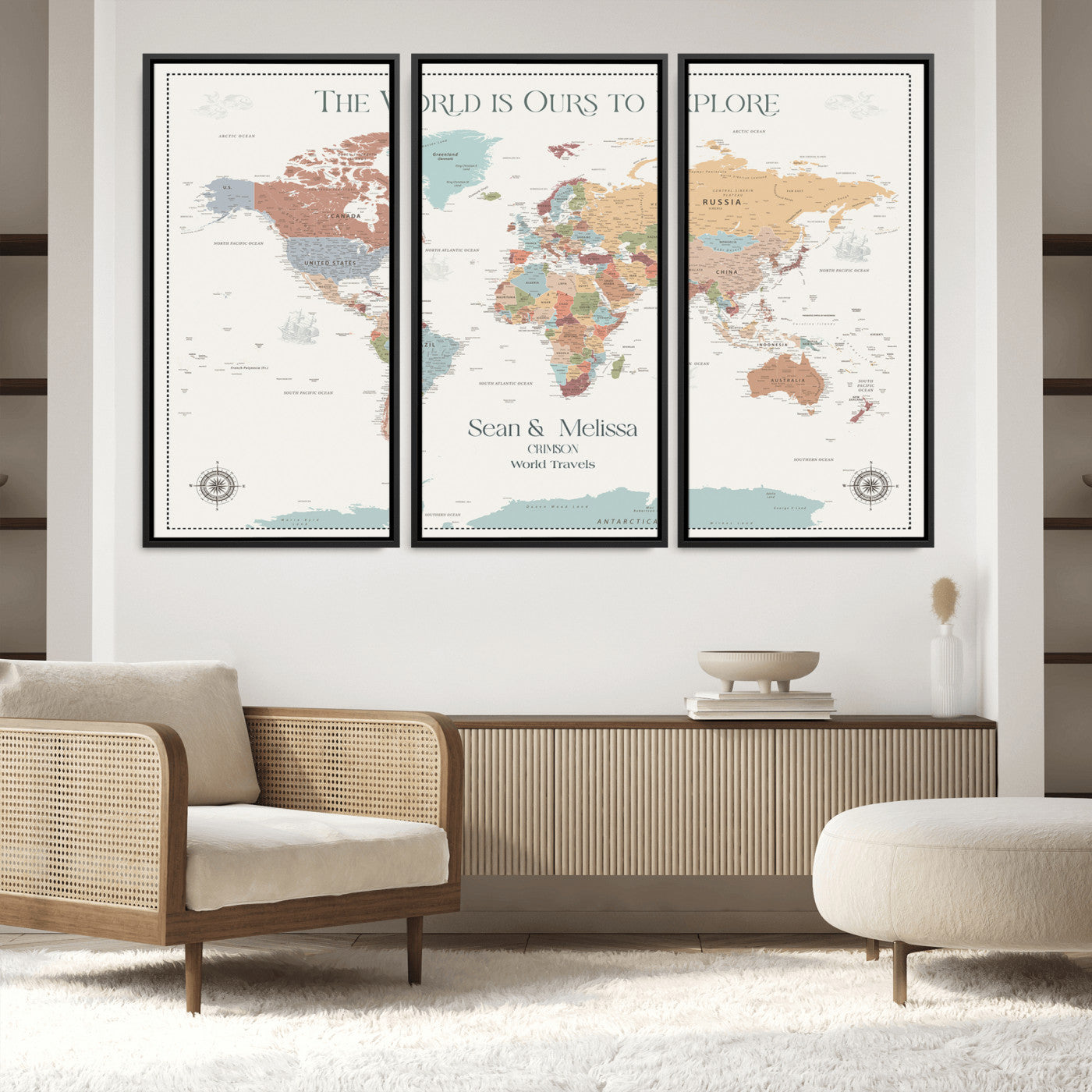 90968866-MGV-FC-48X32-3P_Black-Custom Push Pin World Map Wall Canvas Print – Personalized Travel Tracker with Pins – Framed Large Multi-Size Canvas for Home Office Decor
