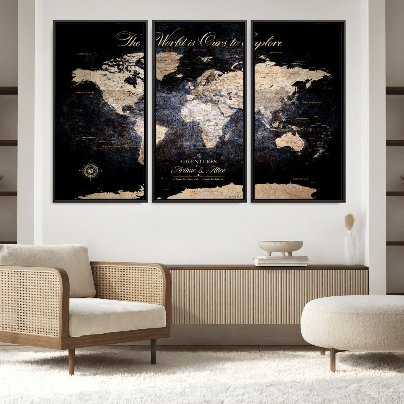 21010471-MGV-FC-60X40-3P_Black-Customize Push Pin World Map Wall Canvas Print, Personalized Travel Tracker with Pins, Framed Large Canvas for Home Office Decor - H37