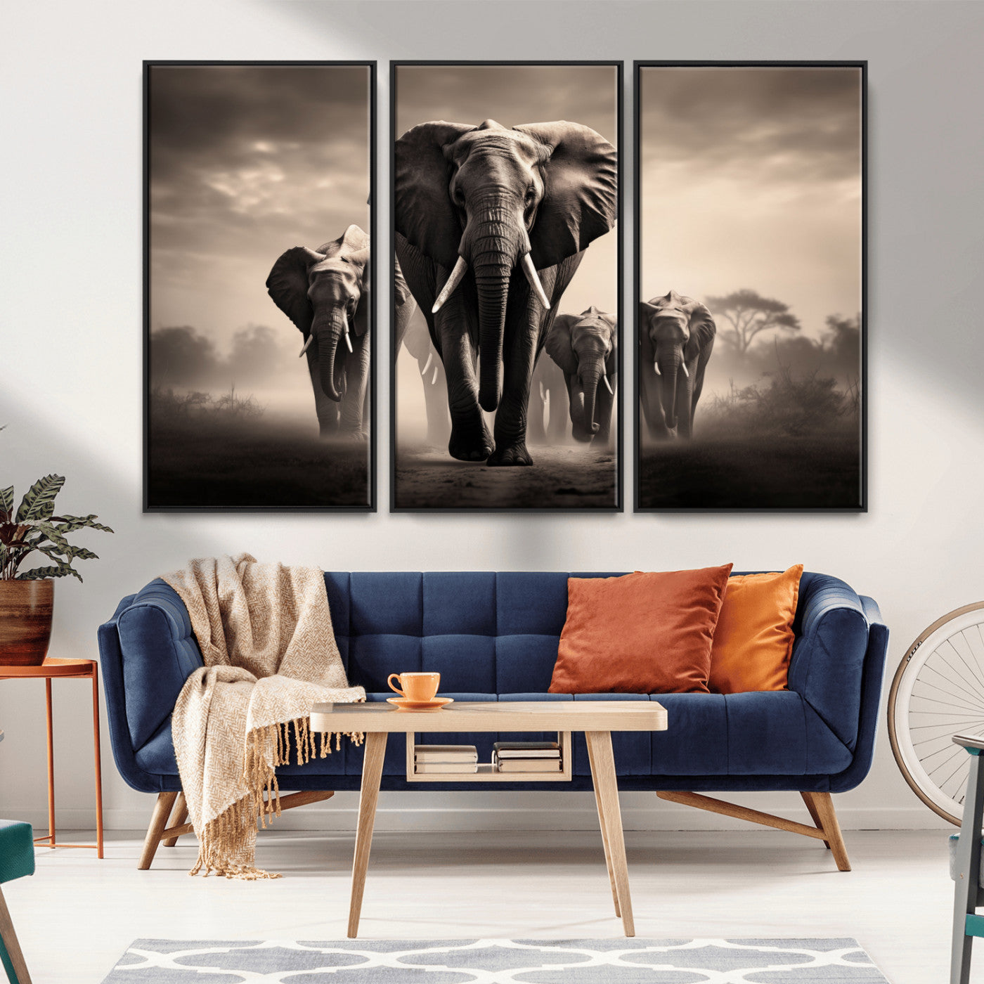 48598F10-MGV-FC-60X40-3P_Black-Elephant Family Wall Art Canvas Print, Framed Elephant Wall Art Home Decor