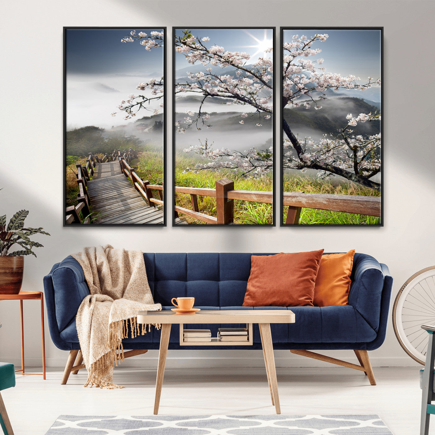 34632598CRY-MGV-FC-60X40-3P_Black-Sakura Cherry Blossom Pathway Canvas Wall Art – Tranquil Walk Through Blossoming Nature – Ready to Hang