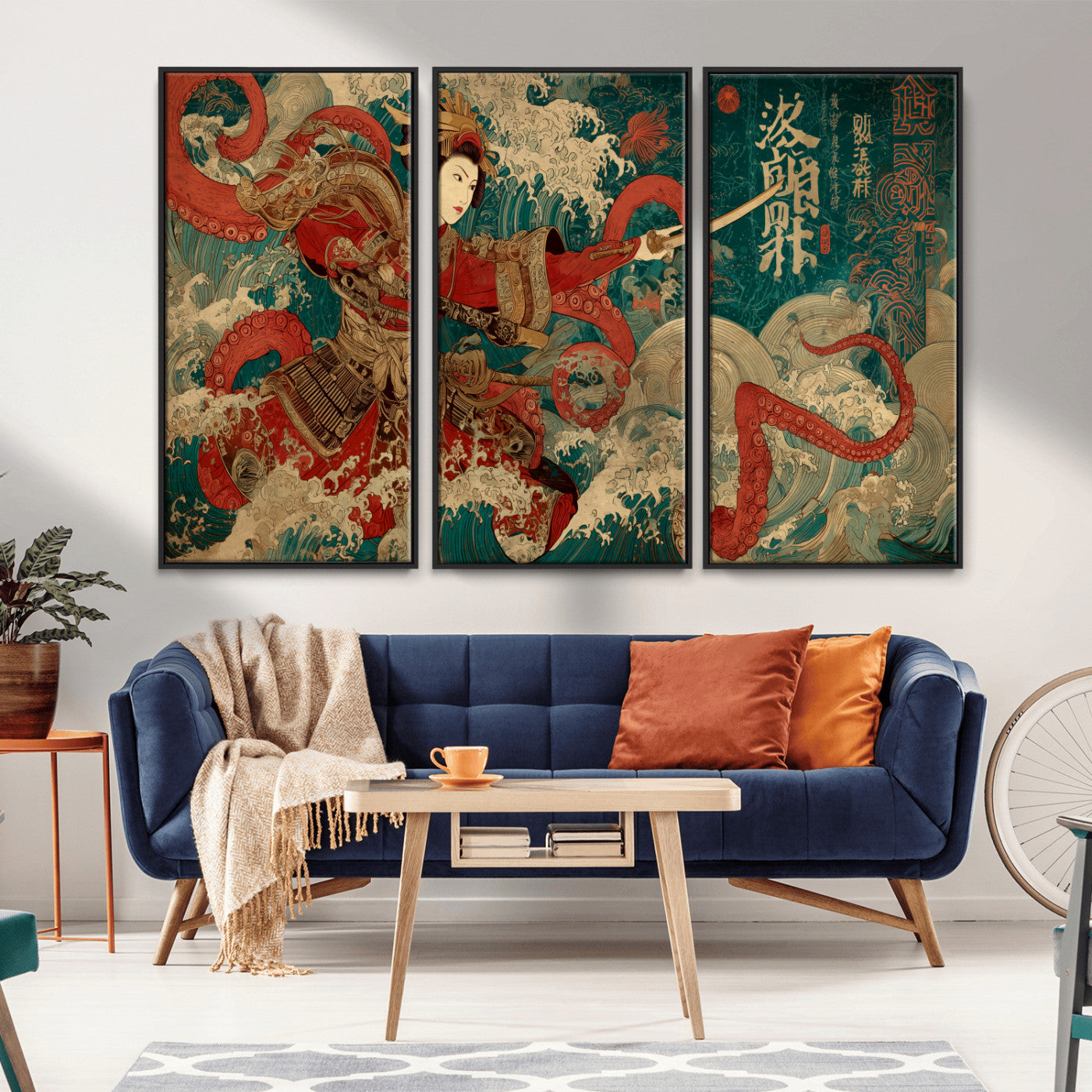 MGV-FC-48X32-3P - Tsukioka Yoshitoshi Samurai Wall Art Print, Japanese Katana Warrior Canvas Wall Art, Octopus Sea Monster Canvas Print,