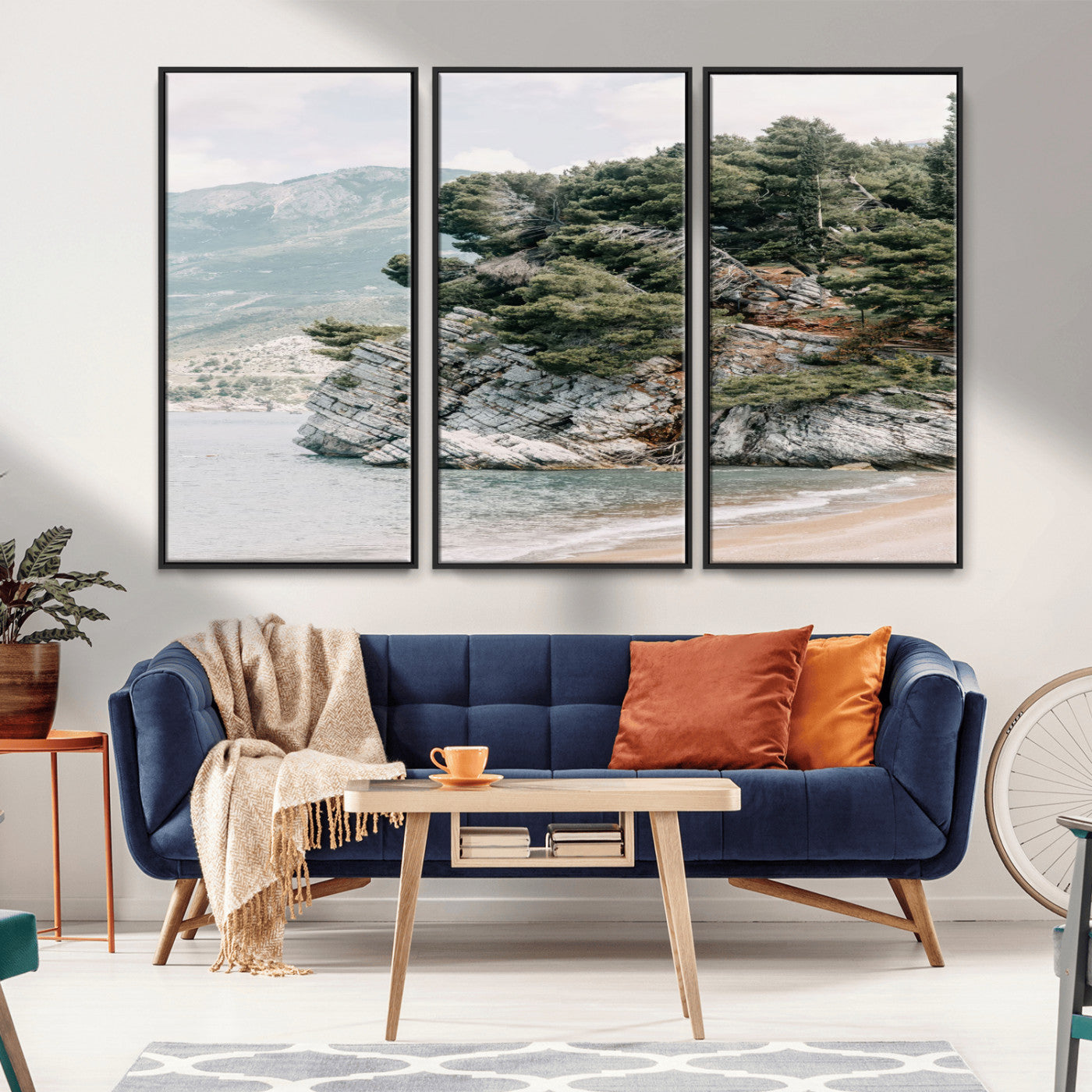 MGV-FC-48X32-3P - Coastal Rock Canvas Wall Art Print, Scenic Beach Landscape, Pine Trees on Rocky Cliff, Large Nature