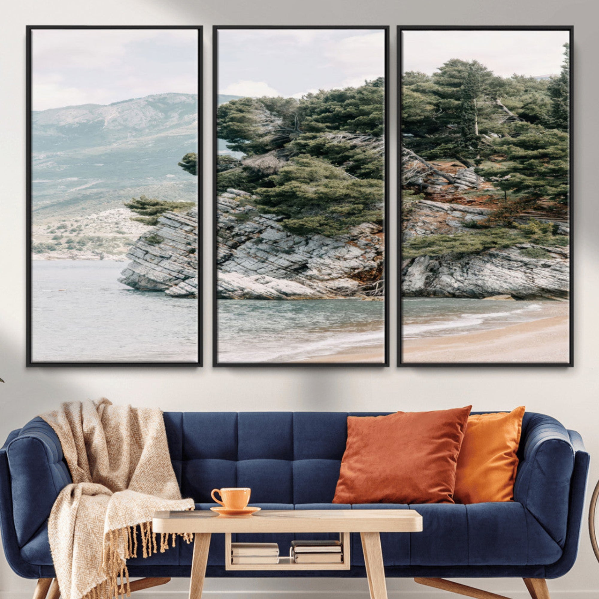MGV-FC-48X32-3P - Coastal Rock Canvas Wall Art Print, Scenic Beach Landscape, Pine Trees on Rocky Cliff, Large Nature