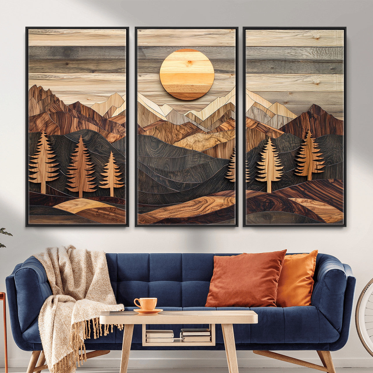19832326-MGV-FC-48X32-3P - Wooden Mountain Landscape Layered Texture Geometric Shapes Sun Pine Trees Rustic Natural Tones Art