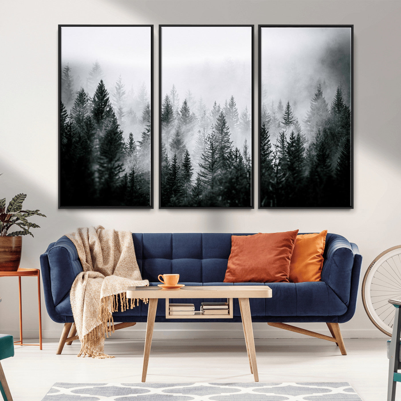 Horizontal black and white canvas wall art of foggy pine forest landscape for modern and rustic home decor