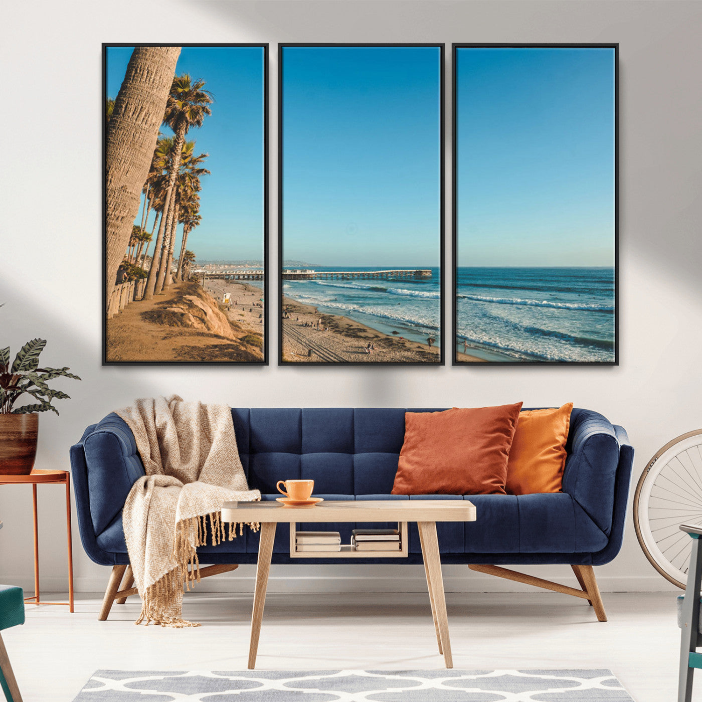 MGV-FC-48X32-3P - Scenic Beach with Tall Palm Trees, Sandy Shore, and Long Pier Stretching into the Calm Ocean Under