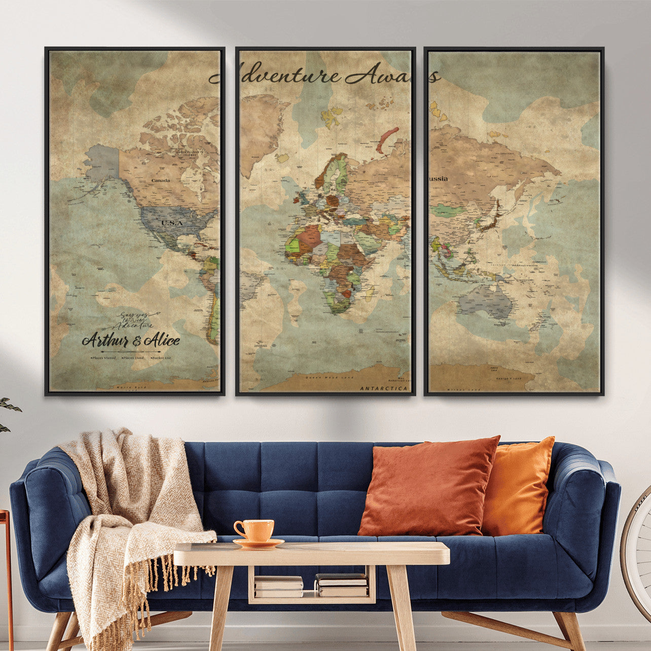 MGV-FC-48X32-3P - Personalized World Map Wall Art Canvas Print – Custom Push Pin Travel Map for Couples, Families, or Office Décor