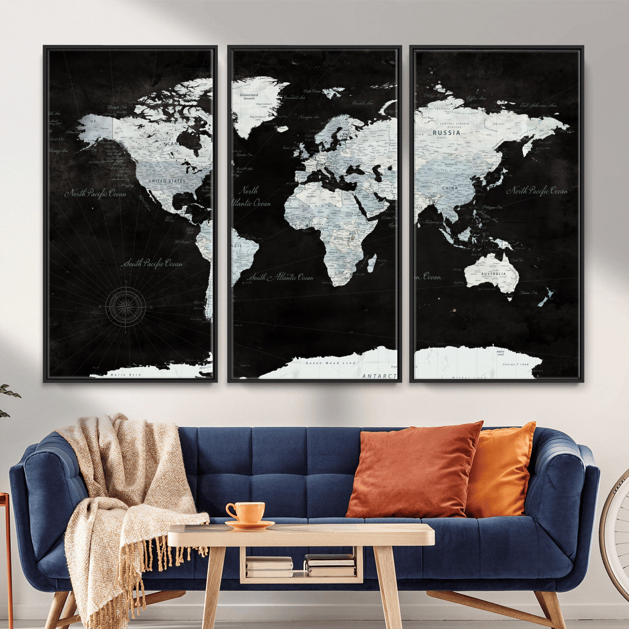 30759283-MGV-FC-48X32-3P - World Map Wall Art Canvas Print, Modern Decorative Framed Map Artwork Prints for Living Room, Office, Bedroom Wall Decor