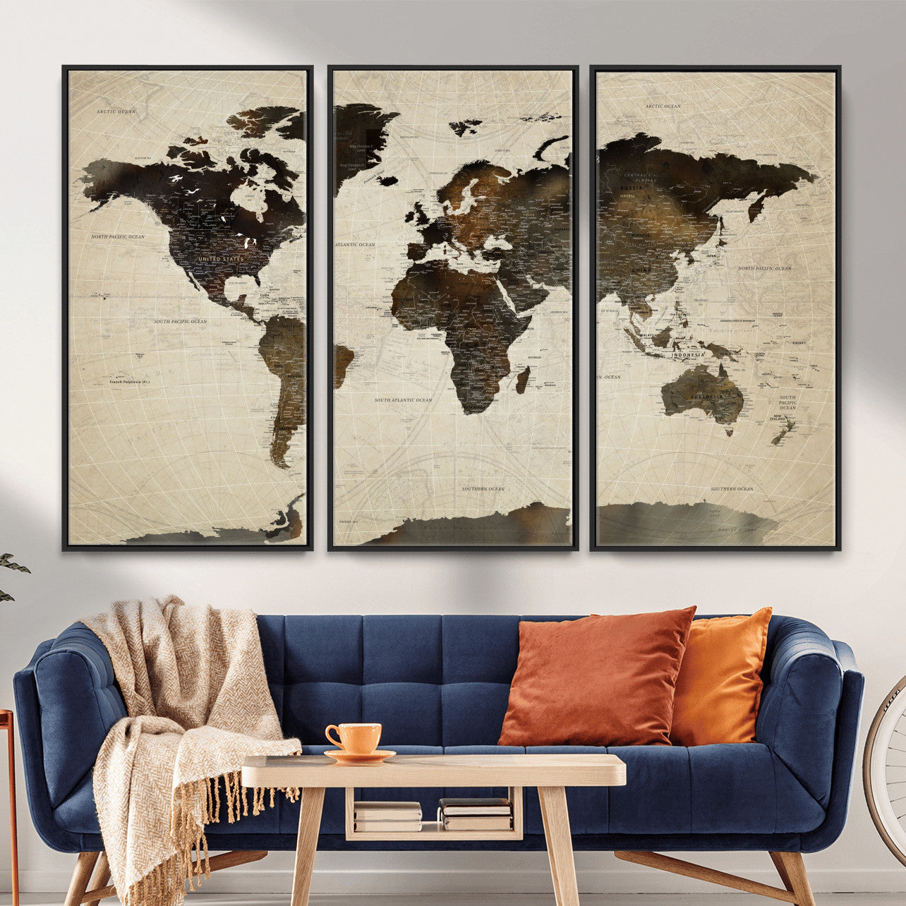 81771296-MGV-FC-48X32-3P - World Map Wall Art Canvas Print, Modern Decorative Framed Map Artwork Prints for Living Room, Office, Bedroom Wall Decor