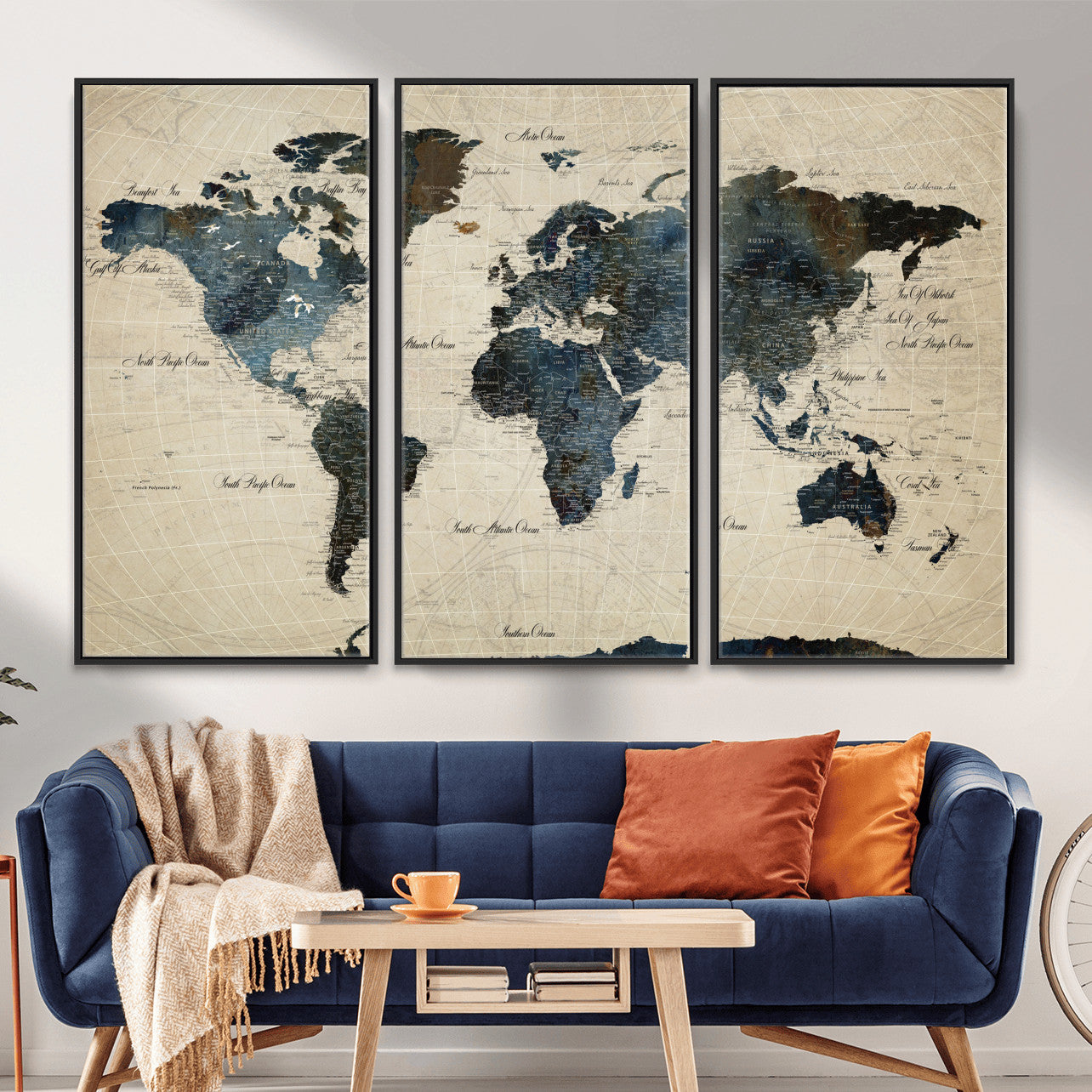 33438443-MGV-FC-48X32-3P - World Map Wall Art Canvas Print, Modern Decorative Framed Map Artwork Prints for Living Room, Office, Bedroom Wall Decor