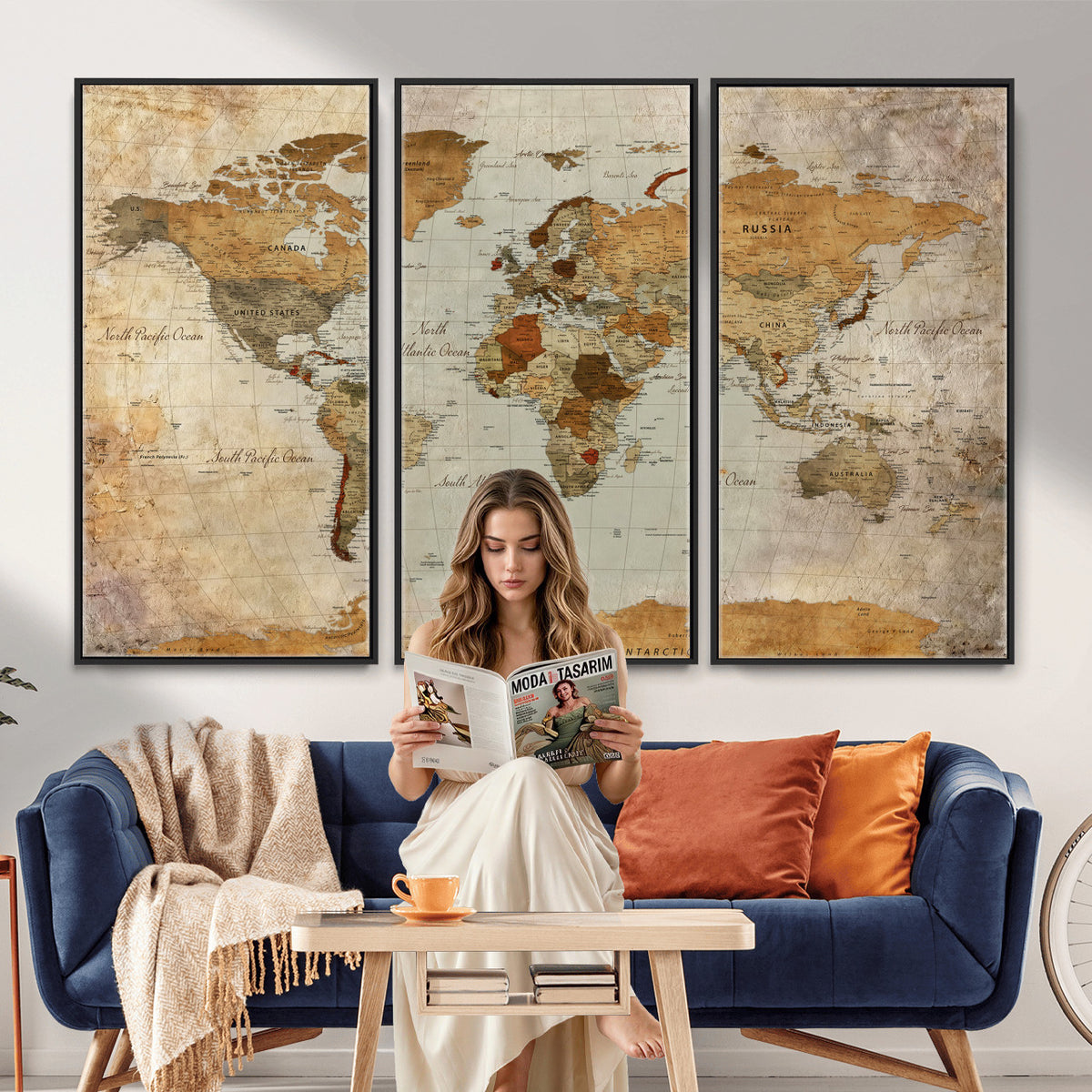 74176056-MGV-CV-36X24 - World Map Wall Art Canvas Print, Modern Decorative Framed Map Artwork Prints for Living Room, Office, Bedroom Wall Decor
