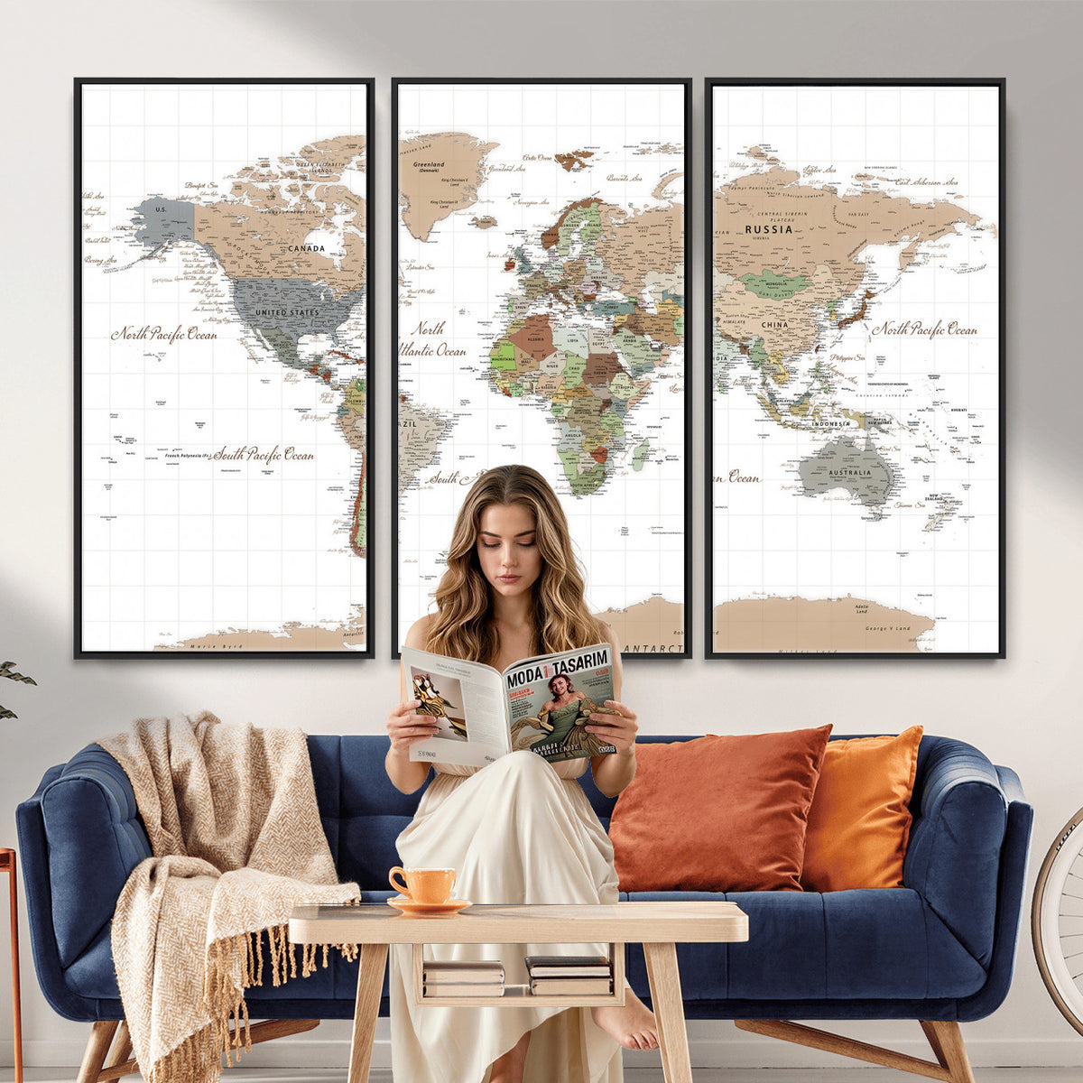 91286788-MGV-CV-36X24 - World Map Wall Art Canvas Print, Modern Decorative Framed Map Artwork Prints for Living Room, Office, Bedroom Wall Decor