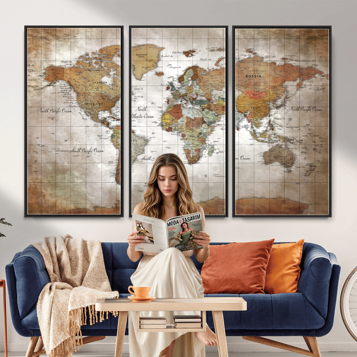 51643807-MGV-CV-36X24 - World Map Wall Art Canvas Print, Modern Decorative Framed Map Artwork Prints for Living Room, Office, Bedroom Wall Decor