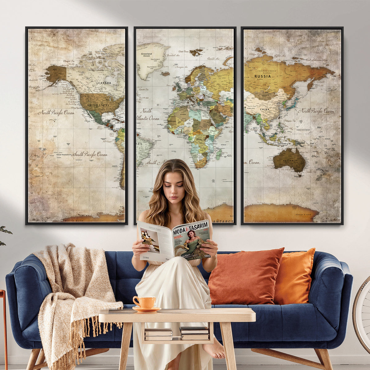 86108417-MGV-CV-36X24 - World Map Wall Art Canvas Print, Modern Decorative Framed Map Artwork Prints for Living Room, Office, Bedroom Wall Decor