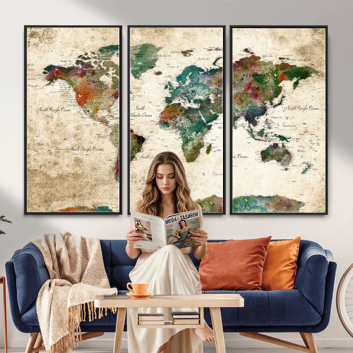 87544591-MGV-CV-36X24 - World Map Wall Art Canvas Print, Modern Decorative Framed Map Artwork Prints for Living Room, Office, Bedroom Wall Decor