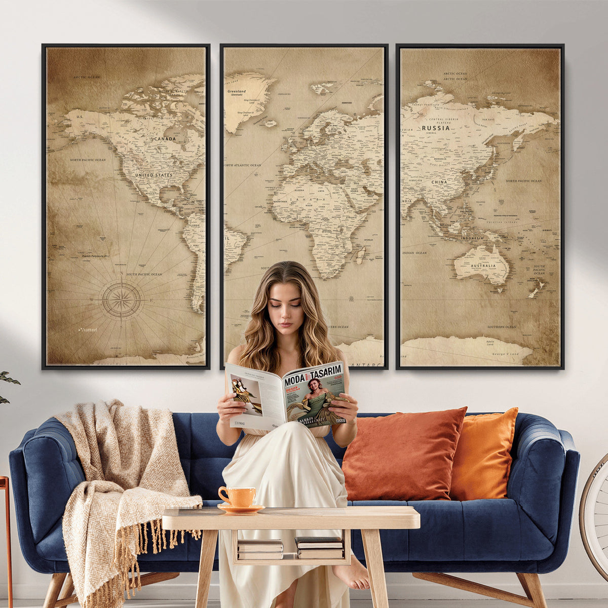 34795134-MGV-CV-36X24 - World Map Wall Art Canvas Print, Modern Decorative Framed Map Artwork Prints for Living Room, Office, Bedroom Wall Decor