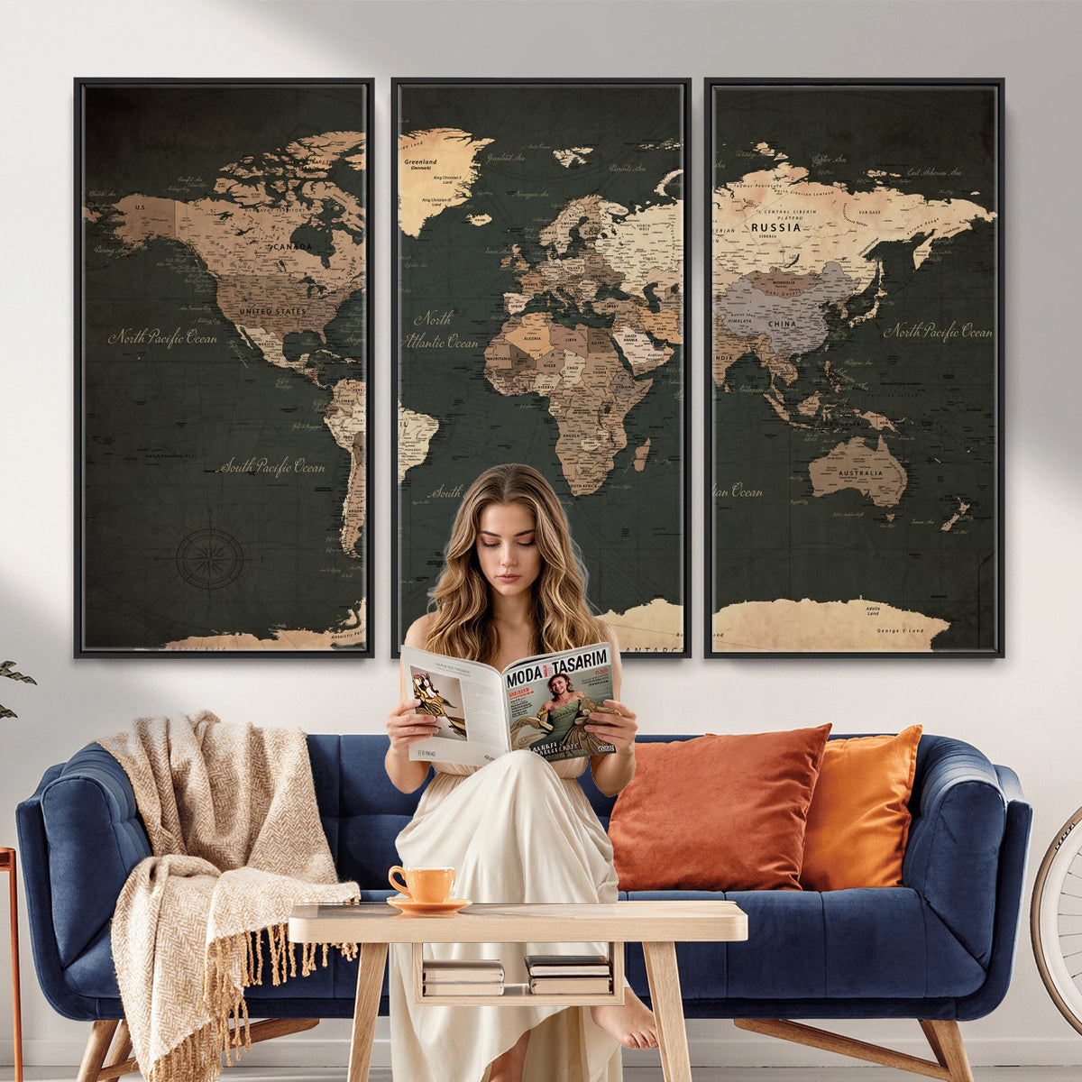 62059333-MGV-CV-36X24 - World Map Wall Art Canvas Print, Modern Decorative Framed Map Artwork Prints for Living Room, Office, Bedroom Wall Decor