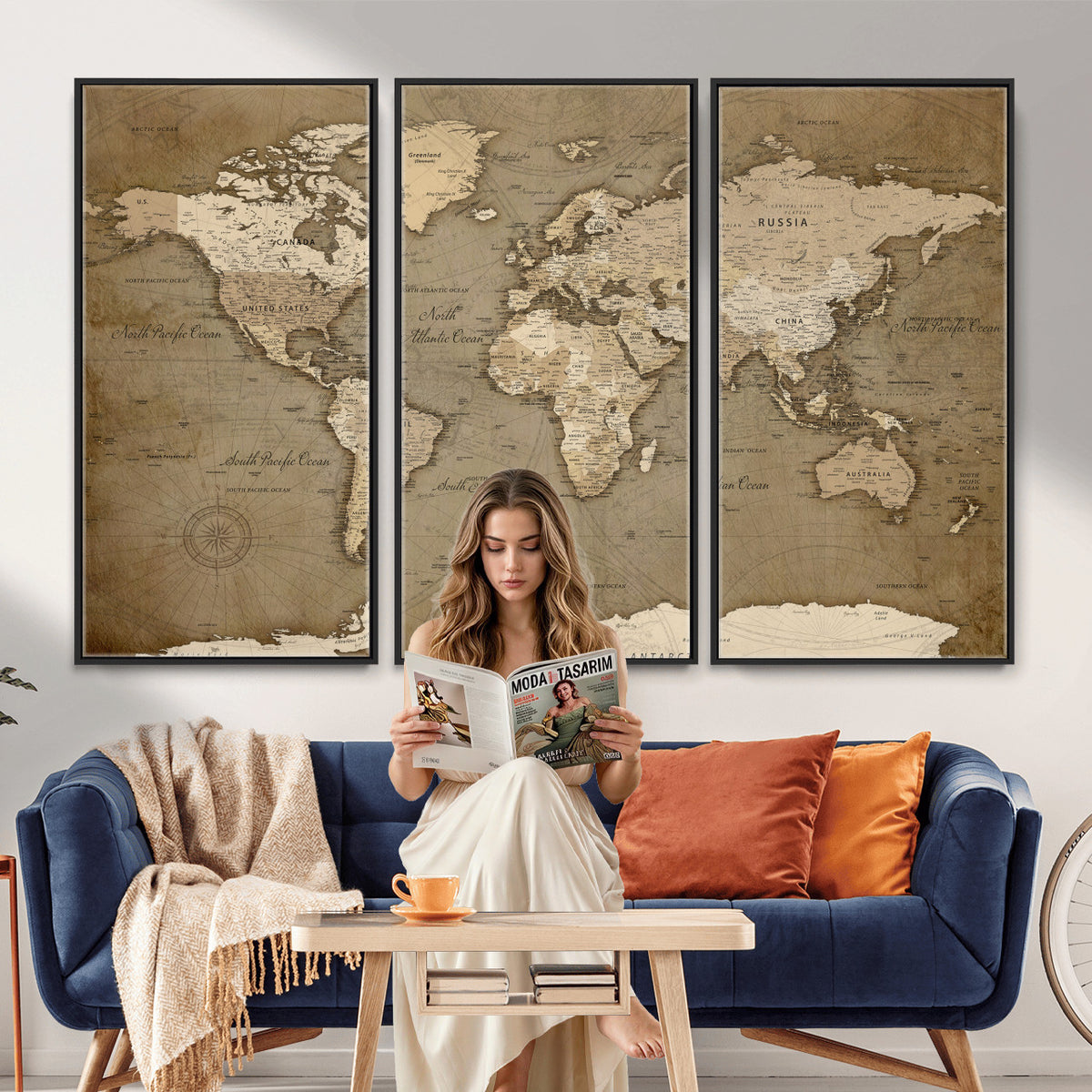 82314635-MGV-CV-36X24 - World Map Wall Art Canvas Print, Modern Decorative Framed Map Artwork Prints for Living Room, Office, Bedroom Wall Decor