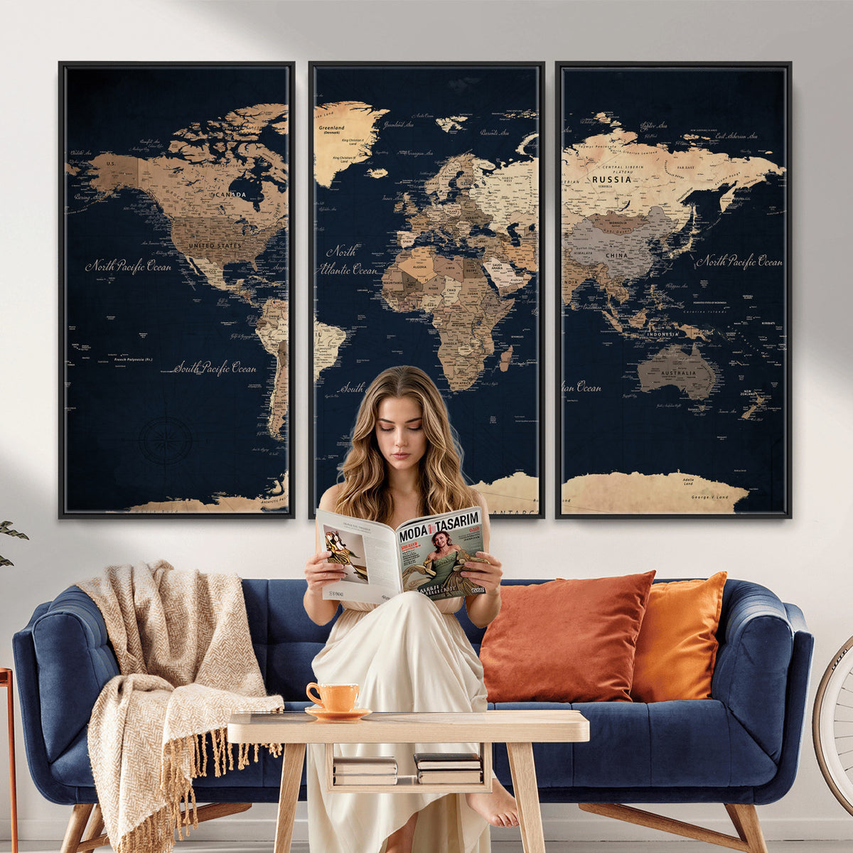 53971530-MGV-CV-36X24 - World Map Wall Art Canvas Print, Modern Decorative Framed Map Artwork Prints for Living Room, Office, Bedroom Wall Decor