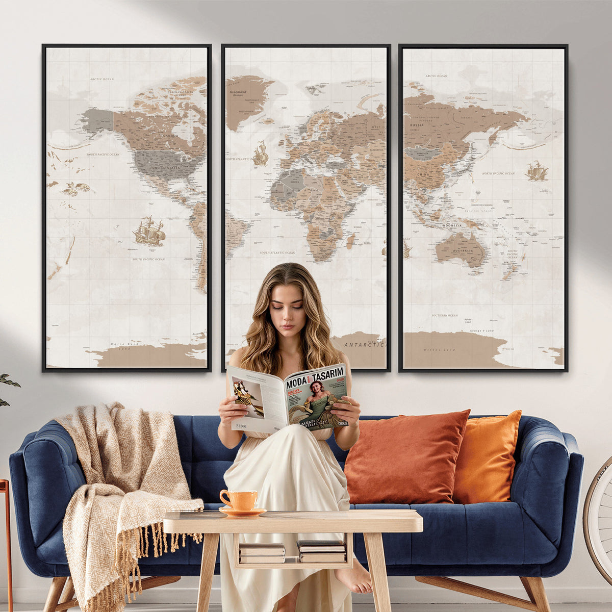 85057279-MGV-CV-36X24 - Framed Large World Map Canvas Print for Office Decor