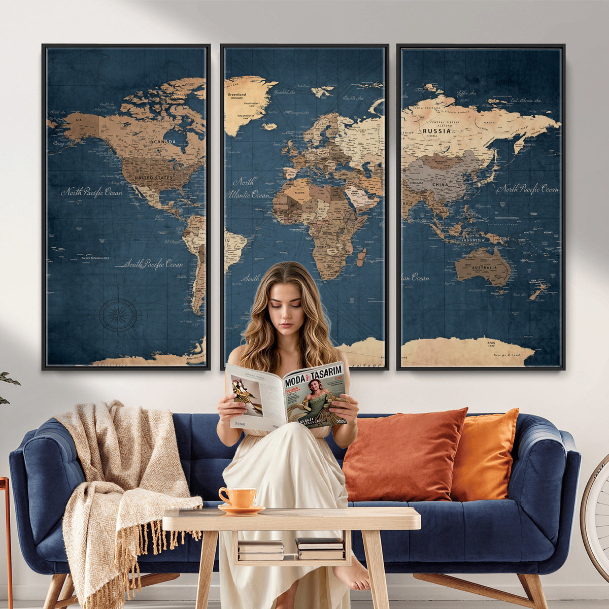 69886352-MGV-CV-36X24 - World Map Wall Art Canvas Print, Modern Decorative Framed Map Artwork Prints for Living Room, Office, Bedroom Wall Decor