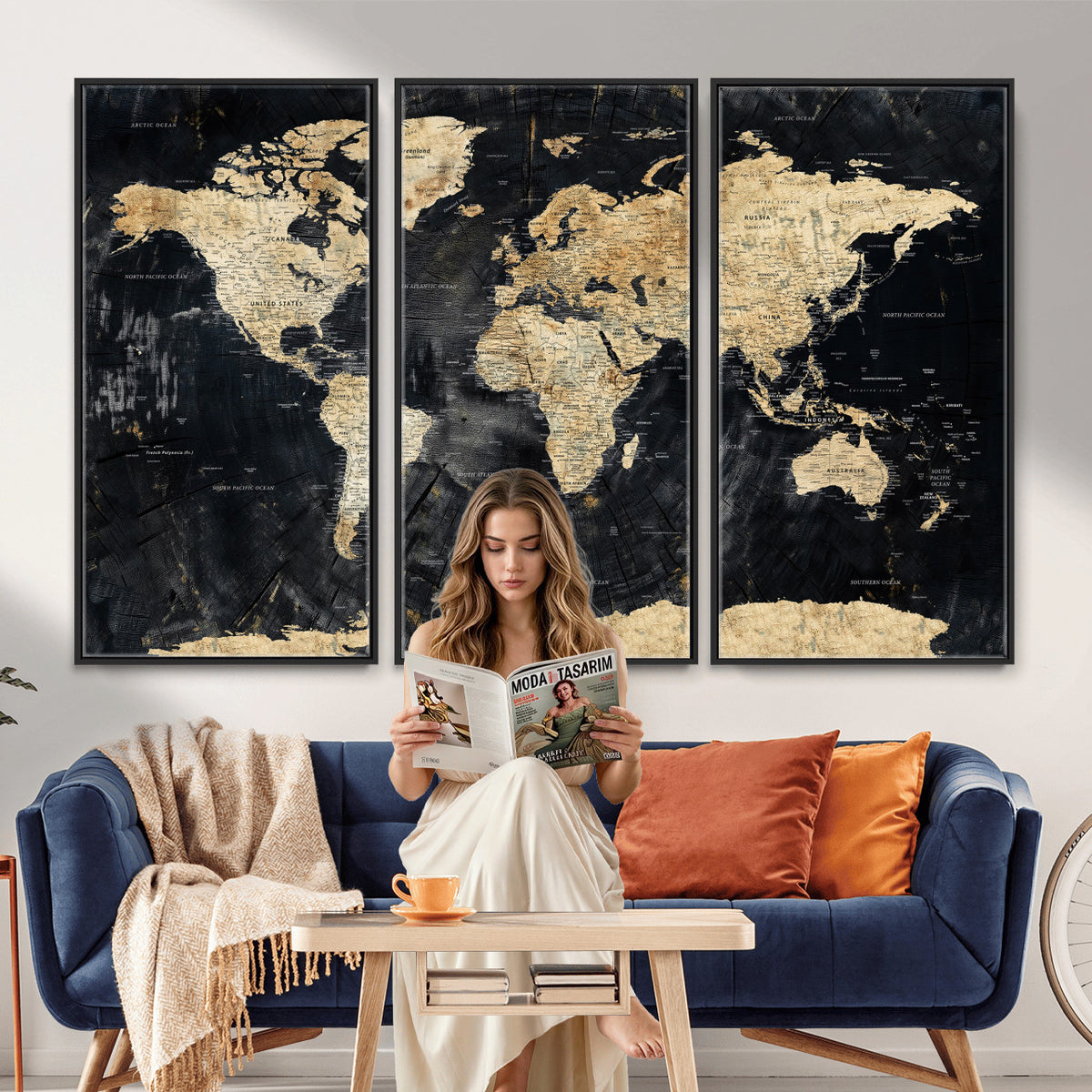 45535041-MGV-CV-36X24 - Framed Large World Map Wall Art Canvas Print for Living Room