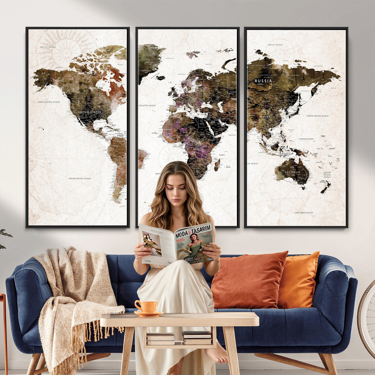 77651968-MGV-CV-36X24 - Watercolor World Map Print - Large Wall Art Canvas Print for