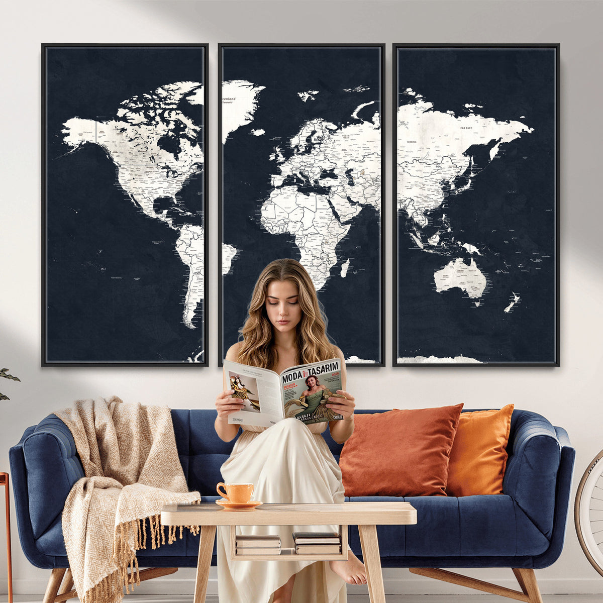 11963807-MGV-CV-36X24 - Black World Map Wall Art Canvas Print for Home Office and Meeting Room Decor
