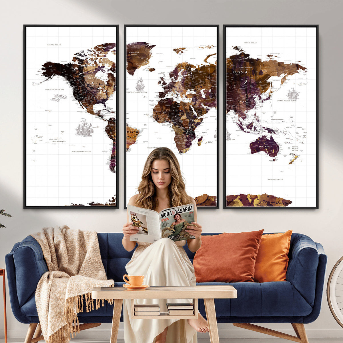 34792695-MGV-CV-36X24 - Rustic World Map Wall Art Canvas Print | Large Vintage Blue World Map on Wood Grain Style Background