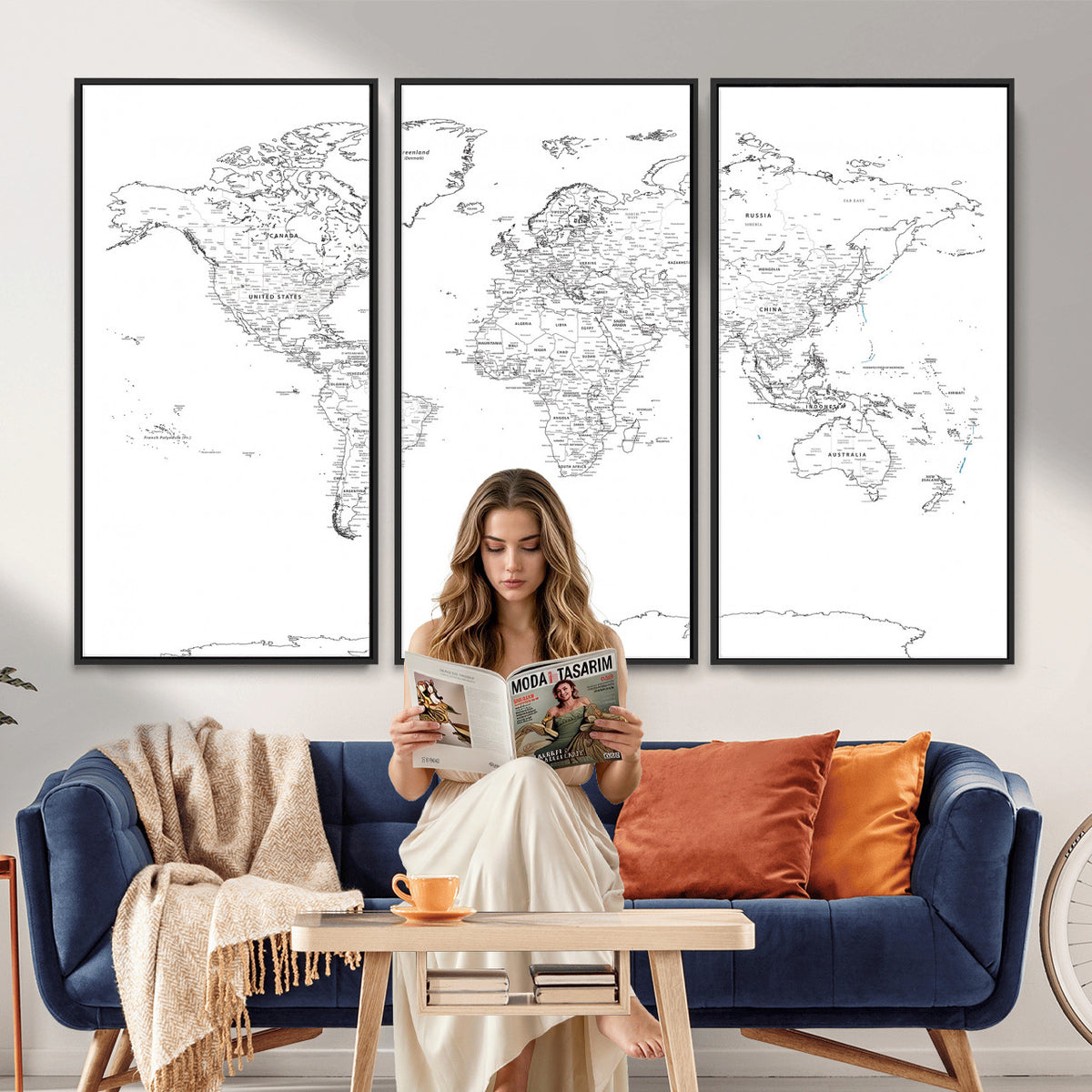 21002736-MGV-CV-36X24 - World Map Canvas Print, Framed Modern Detailed Map of the World for Home or Office