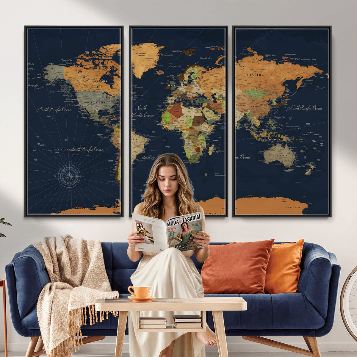 11715182-MGV-CV-36X24 - Modern World Map Canvas Print, Framed Detailed Map of the World Wall Art