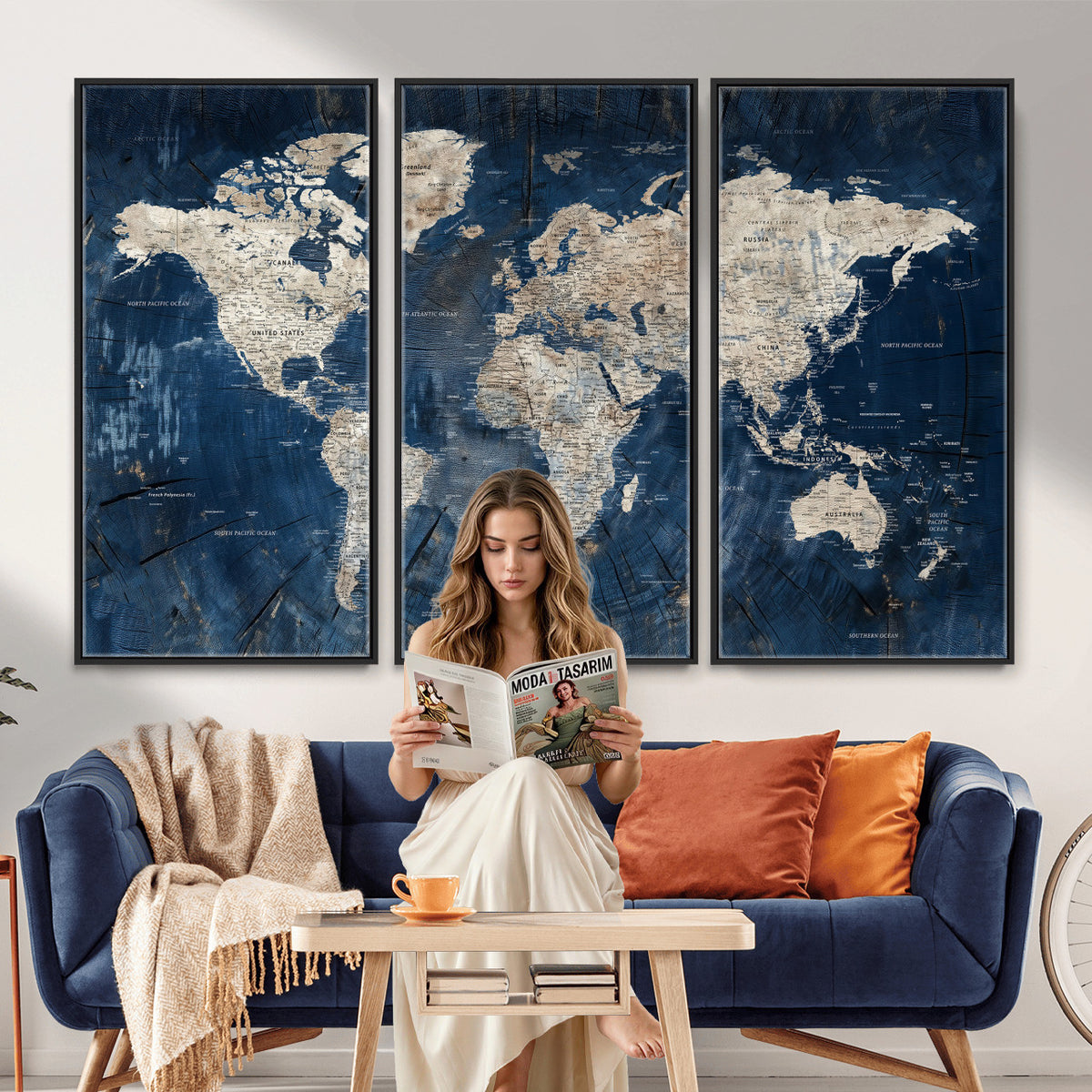 56126010-MGV-CV-36X24 - Large Blue World Map Wall Art Canvas Print for Home Office