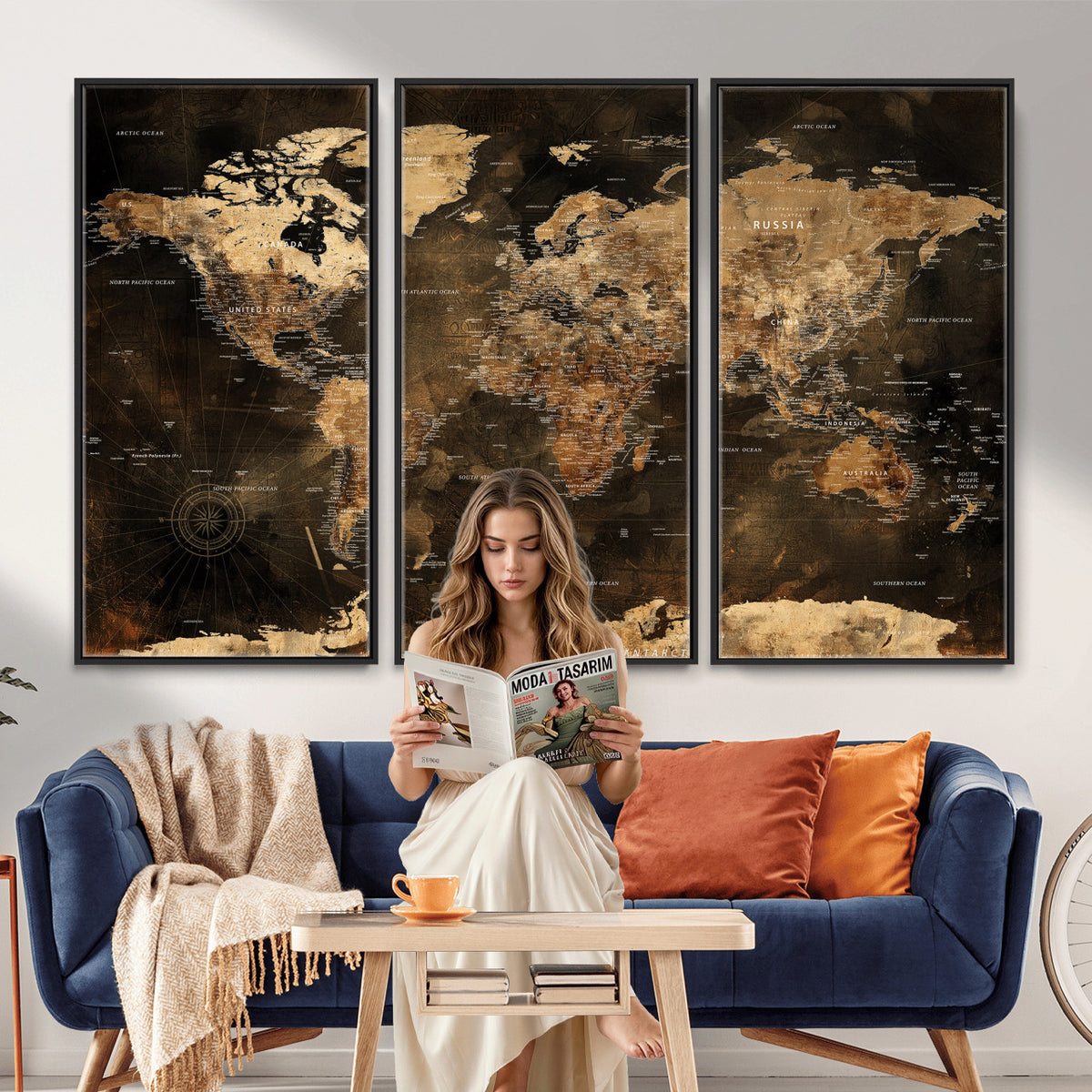 97742922-MGV-CV-36X24 - World Map Canvas Print, Modern Decorative Framed Map Artwork