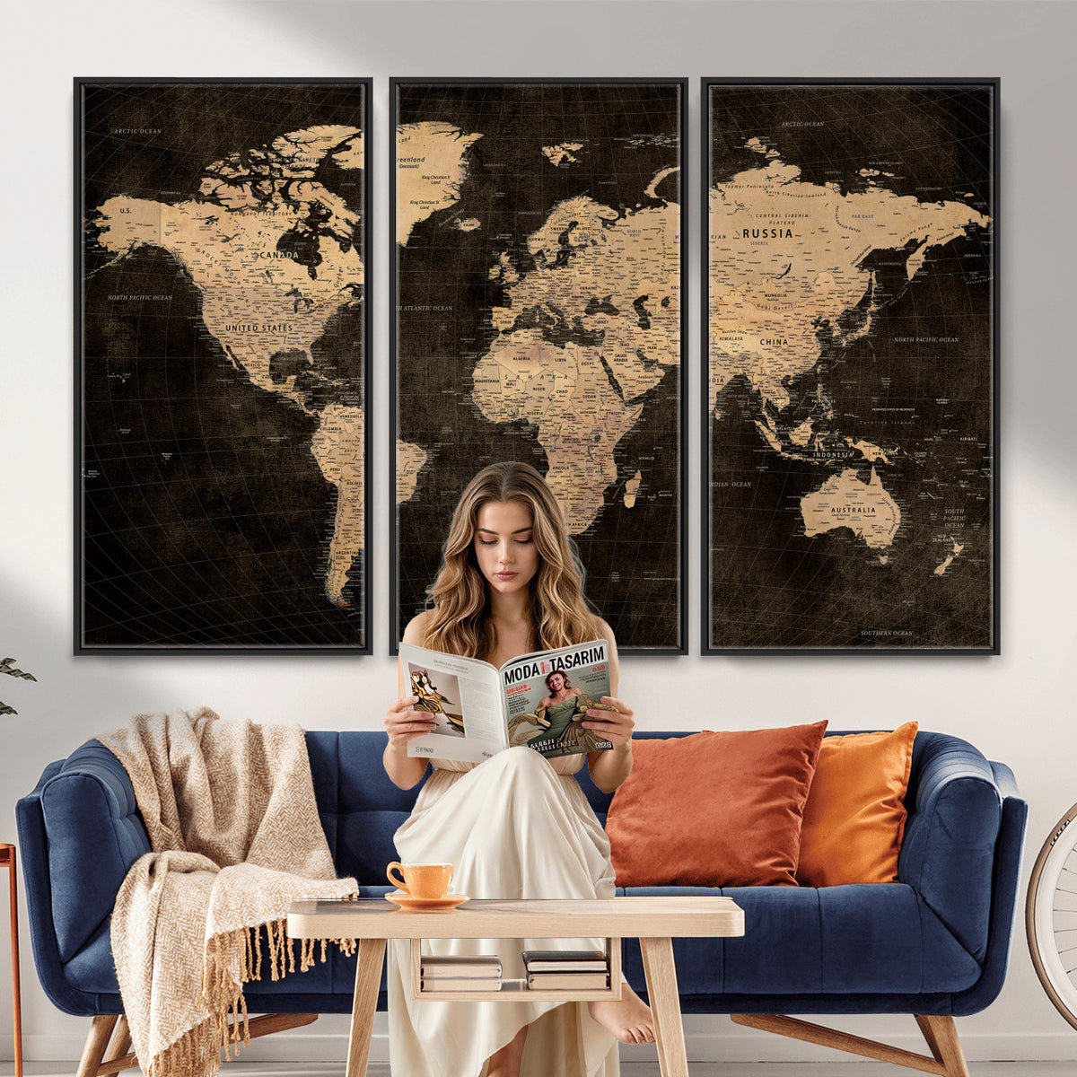 15118265-MGV-CV-36X24 - Brown World Map Canvas Print | Modern Travel Map Wall Art