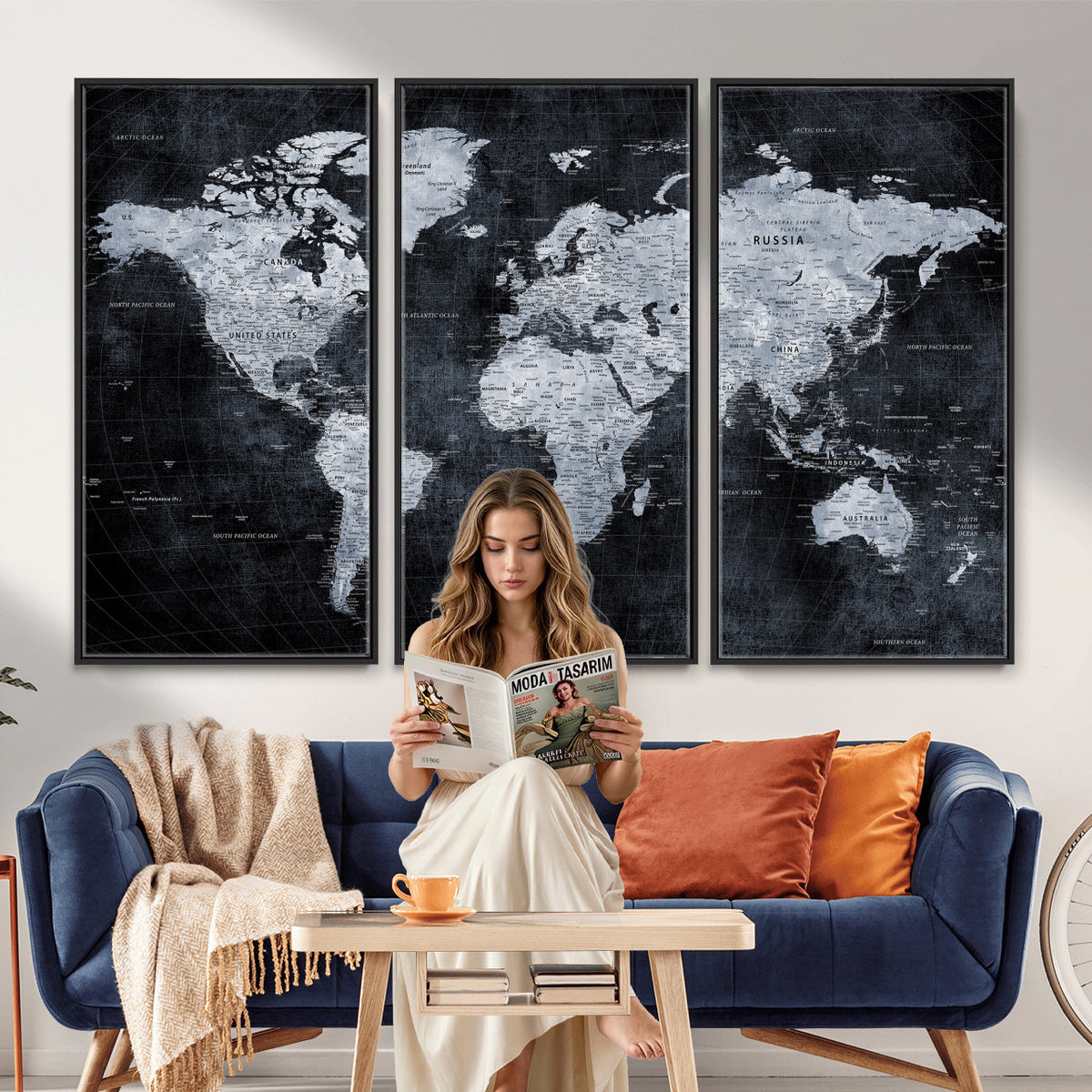 86893704-MGV-CV-36X24 - Black World Map Canvas Print | Detailed Map for Couples and Anniversary Gift
