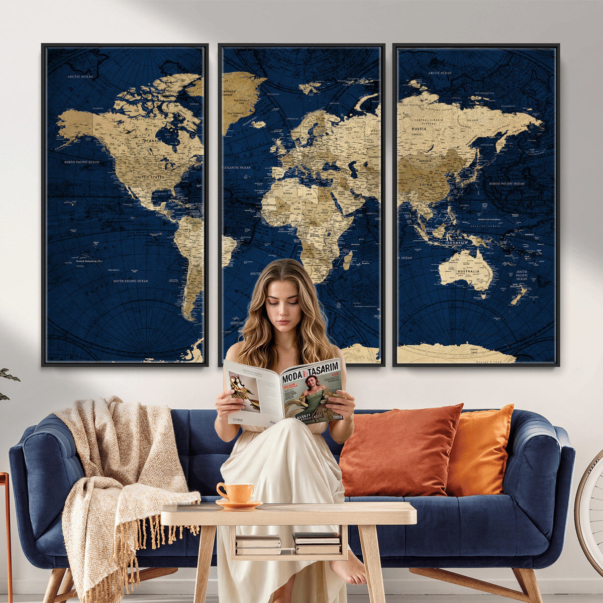 54770746-MGV-CV-36X24 - Navy Blue World Map Canvas Print – Detailed Map Minimal Navy