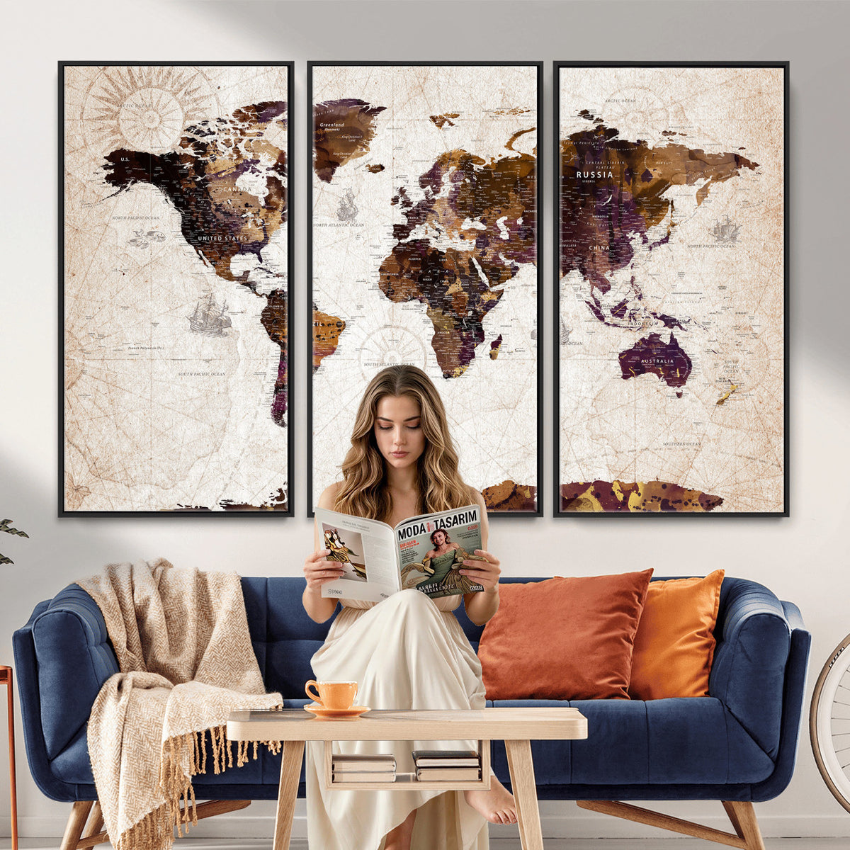 53400857-MGV-CV-36X24 - Blue Watercolor World Map Canvas Print – Framed Modern Wall