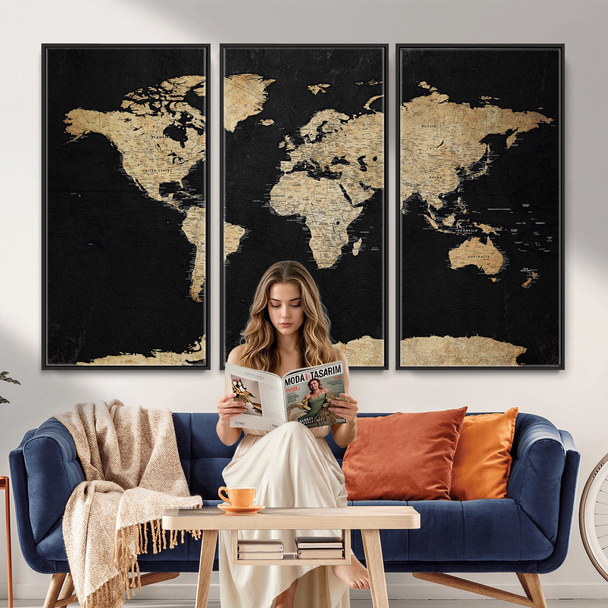 71518849-MGV-CV-36X24 - Beige World Map Canvas Wall Art Print, Minimal Black and
