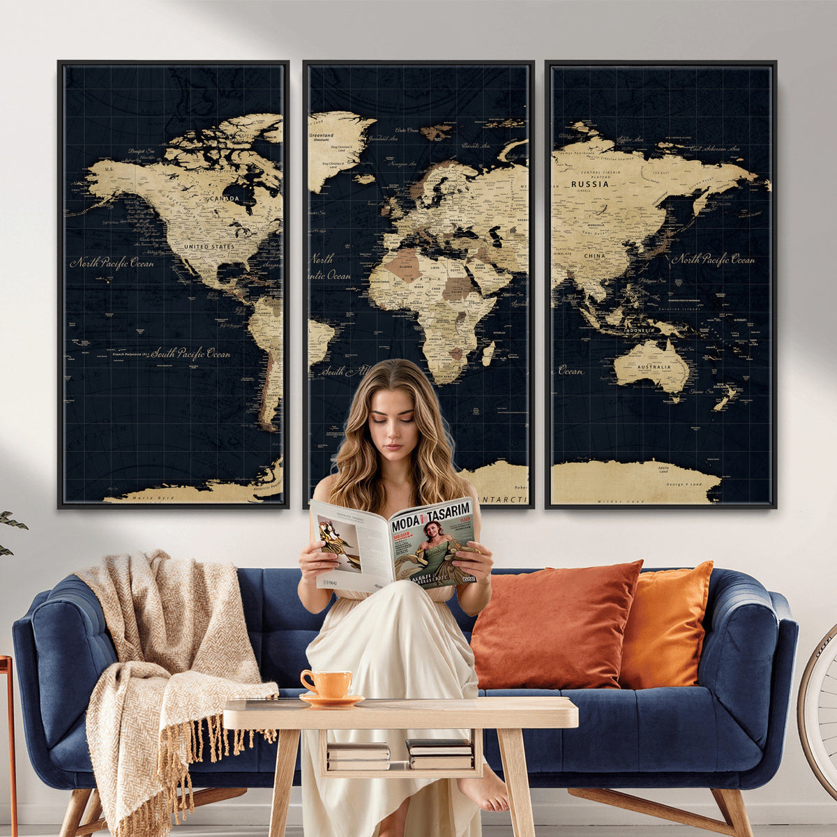 45063434-MGV-CV-36X24 - Dark World Map Canvas Wall Art Print, Minimal Black and Gold Map