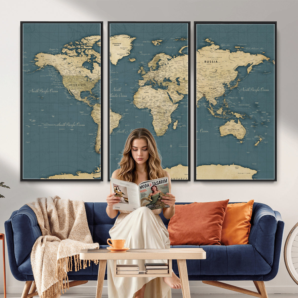 99599383-MGV-CV-36X24 - Minimal Vintage World Map Canvas Wall Art Print, Neutral